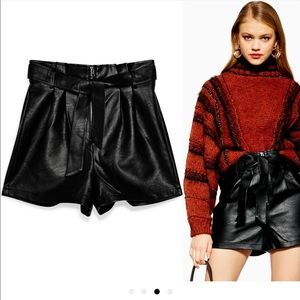 Topshop tie waist faux leather shorts